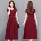 Woman Summer Pure Color Short Sleeves Mid-length Waisted Lace-up Dress Wine red_XL