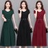 Woman Summer Pure Color Short Sleeves Mid length Waisted Lace up Dress Wine red XL