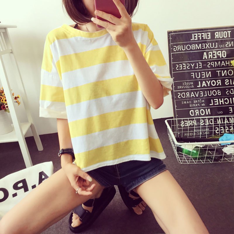 Woman Summer Stripe Short Sleeves Loose Lady Tops   T-shirt yellow_XL