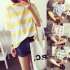 Woman Summer Stripe Short Sleeves Loose Lady Tops   T shirt yellow XL