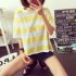 Woman Summer Stripe Short Sleeves Loose Lady Tops   T shirt yellow XL