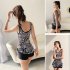 Women 2 Piece Fashion Printed Swimsuit Sleeveless Slimming Conservative Quick drying Swimwear For Hot Spring black 3XL