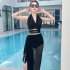 Women 3 Pieces Bikini Set Summer Sexy V neck Elegant Solid Color Split Swimsuit For Swimming Hot Spring 986736 black M