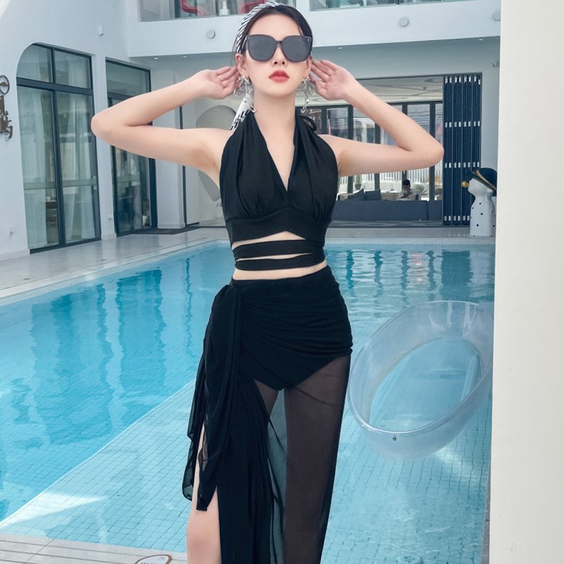 Women 3 Pieces Bikini Set Summer Sexy V-neck Elegant Solid Color Split Swimsuit For Swimming Hot Spring 986736 black M