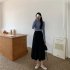 Women A line Pleated Skirt High Waist Solid Color Spring Summer Midi Skirt black One size