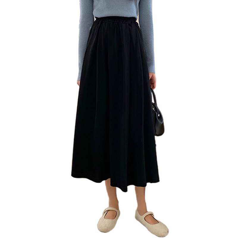 Women A-line Pleated Skirt High Waist Solid Color Spring Summer Midi Skirt black_One size
