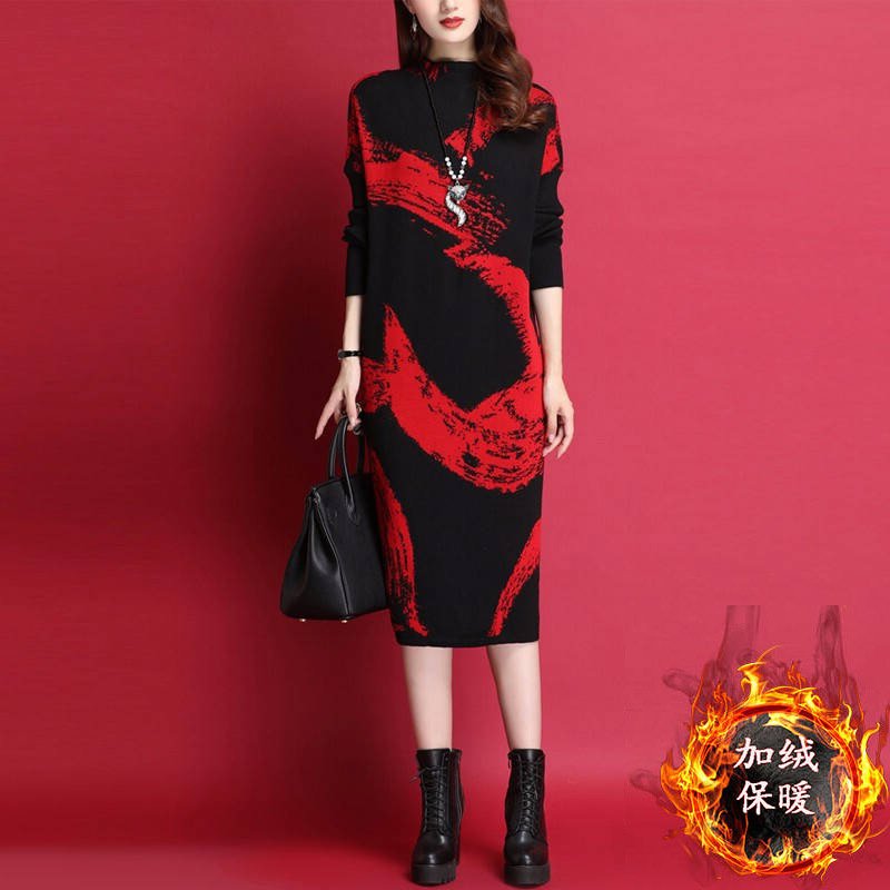 Women Autumn And Winter Fleece Slim Printing Warm Thickening Dress Red _XXL