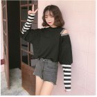 Women Autumn Students Loose Large Fake 2 Pieces Thin Long Sleeve T-shirts for Casual Campus black_M