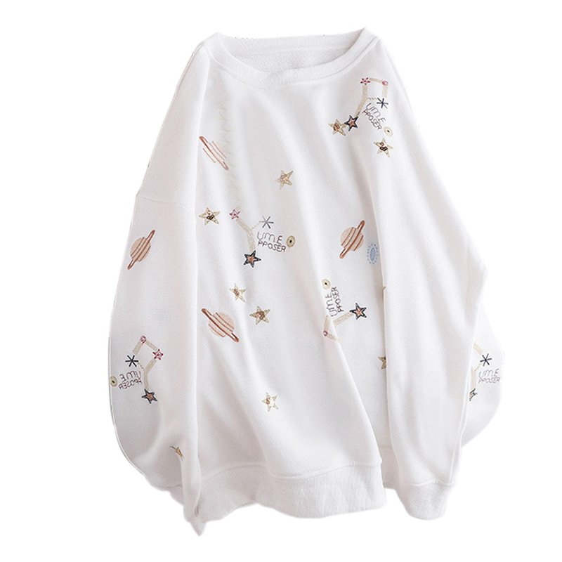 Women Autumn Sweatshirts Embroidered Hooded Blouse Loose Long Sleeves Tops White_M