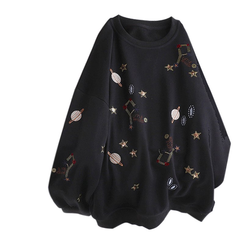 Women Autumn Sweatshirts Embroidered Hooded Blouse Loose Long Sleeves Tops Black_L
