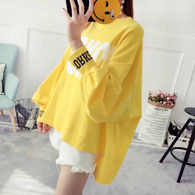 Women Autumn Winter Letters Printed Casual Long Sleeve Asymmetric Blouse Shirt Large Size yellow_XXL