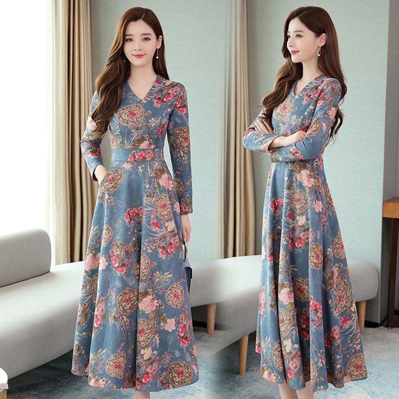 Women Autumn Winter Long Dress V- Neck Printing Floral Slim Waist Long Sleeve Dress Blue pink_L
