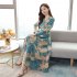 Women Autumn Winter Long Dress V  Neck Printing Floral Slim Waist Long Sleeve Dress Blue pink L