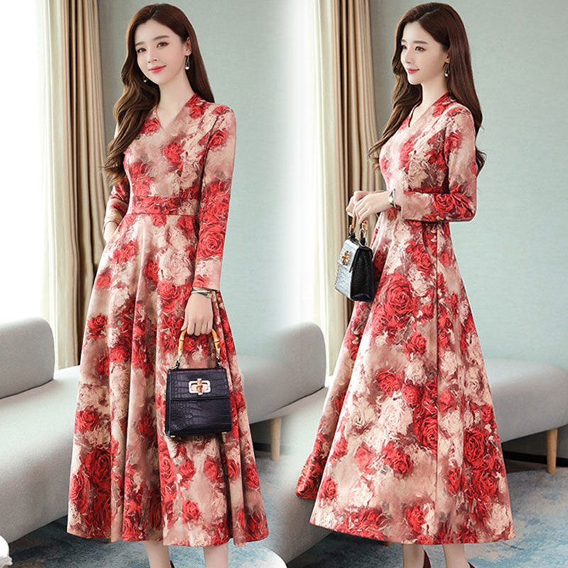 Women Autumn Winter Long Dress V- Neck Printing Floral Slim Waist Long Sleeve Dress red_3XL