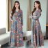 Women Autumn Winter Long Dress V  Neck Printing Floral Slim Waist Long Sleeve Dress Blue pink XL