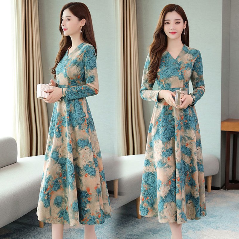 Women Autumn Winter Long Dress V- Neck Printing Floral Slim Waist Long Sleeve Dress blue_L