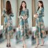 Women Autumn Winter Long Dress V  Neck Printing Floral Slim Waist Long Sleeve Dress blue L