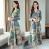 Women Autumn Winter Long Dress V  Neck Printing Floral Slim Waist Long Sleeve Dress blue 3XL