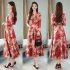 Women Autumn Winter Long Dress V  Neck Printing Floral Slim Waist Long Sleeve Dress blue XL