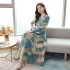 Women Autumn Winter Long Dress V  Neck Printing Floral Slim Waist Long Sleeve Dress blue XL