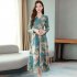 Women Autumn Winter Long Dress V  Neck Printing Floral Slim Waist Long Sleeve Dress blue XL