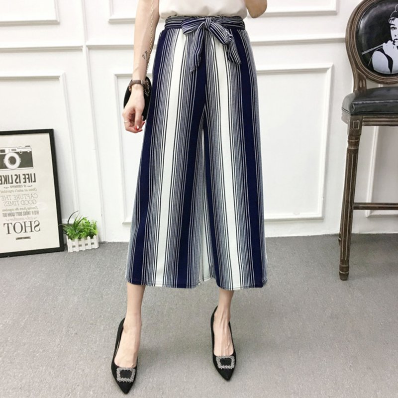 Women Black High Elastic Waist Ninth Loose Pants for Summer Wear Blue and white_One size