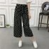 Women Black High Elastic Waist Ninth Loose Pants for Summer Wear Blue and white One size