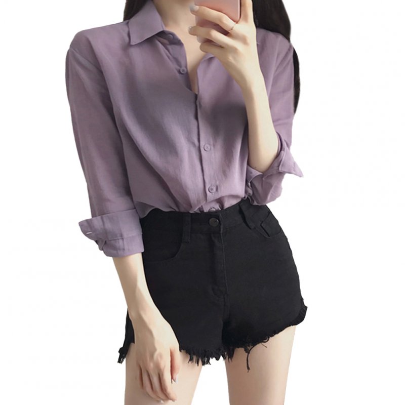 Women Blouse Lapel Shirt Long Sleeve Purple Casual Loose Base Shirt Tops purple_L