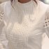 Women Blouses Slim Long sleeved White Shirt Lace Hook Flower Hollow Standing Collar Tops I4A2