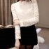 Women Blouses Slim Long sleeved White Shirt Lace Hook Flower Hollow Standing Collar Tops white XL