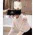 Women Blouses Slim Long sleeved White Shirt Lace Hook Flower Hollow Standing Collar Tops white XL