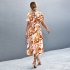 Women Boho Floral Dress Short Sleeves Round Neck Long Skirt Tie Back Casual Breathable Dress For Party blue M