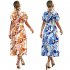 Women Boho Floral Dress Short Sleeves Round Neck Long Skirt Tie Back Casual Breathable Dress For Party blue M