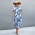 Women Boho Floral Dress Short Sleeves Round Neck Long Skirt Tie Back Casual Breathable Dress For Party blue M