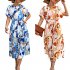 Women Boho Floral Dress Short Sleeves Round Neck Long Skirt Tie Back Casual Breathable Dress For Party blue M