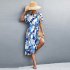 Women Boho Floral Dress Short Sleeves Round Neck Long Skirt Tie Back Casual Breathable Dress For Party blue M