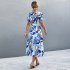 Women Boho Floral Dress Short Sleeves Round Neck Long Skirt Tie Back Casual Breathable Dress For Party blue M
