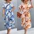 Women Boho Floral Dress Short Sleeves Round Neck Long Skirt Tie Back Casual Breathable Dress For Party blue M