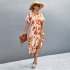 Women Boho Floral Dress Short Sleeves Round Neck Long Skirt Tie Back Casual Breathable Dress For Party blue M