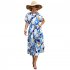 Women Boho Floral Dress Short Sleeves Round Neck Long Skirt Tie Back Casual Breathable Dress For Party blue M