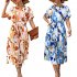 Women Boho Floral Dress Short Sleeves Round Neck Long Skirt Tie Back Casual Breathable Dress For Party blue L