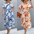 Women Boho Floral Dress Short Sleeves Round Neck Long Skirt Tie Back Casual Breathable Dress For Party blue L
