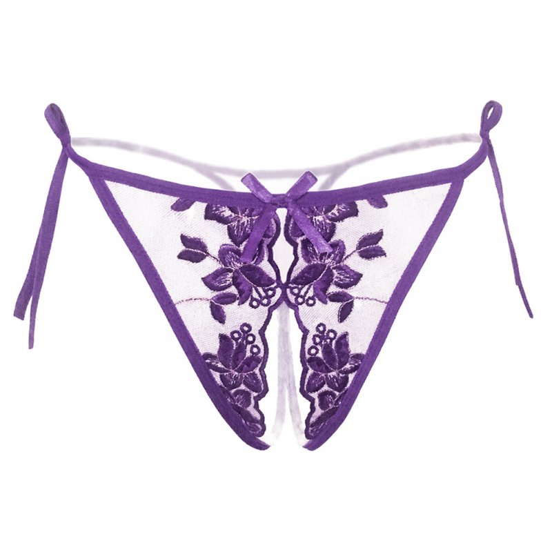 Women  Briefs Sexy Lace Embroidered Panties Ultra-thin Lace-up Open Crotch Thong Purple_One size
