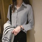 Women Button Down Shirts Lapel Long Sleeve Stripe Shirt Solid Color Work Office Business Casual Blouse Tops black 2XL