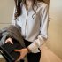 Women Button Down Shirts Lapel Long Sleeve Stripe Shirt Solid Color Work Office Business Casual Blouse Tops black L