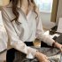 Women Button Down Shirts Lapel Long Sleeve Stripe Shirt Solid Color Work Office Business Casual Blouse Tops Khaki L