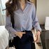 Women Button Down Shirts Lapel Long Sleeve Stripe Shirt Solid Color Work Office Business Casual Blouse Tops Khaki L