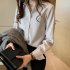 Women Button Down Shirts Lapel Long Sleeve Stripe Shirt Solid Color Work Office Business Casual Blouse Tops blue L