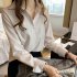 Women Button Down Shirts Lapel Long Sleeve Stripe Shirt Solid Color Work Office Business Casual Blouse Tops blue L
