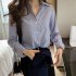 Women Button Down Shirts Lapel Long Sleeve Stripe Shirt Solid Color Work Office Business Casual Blouse Tops blue L